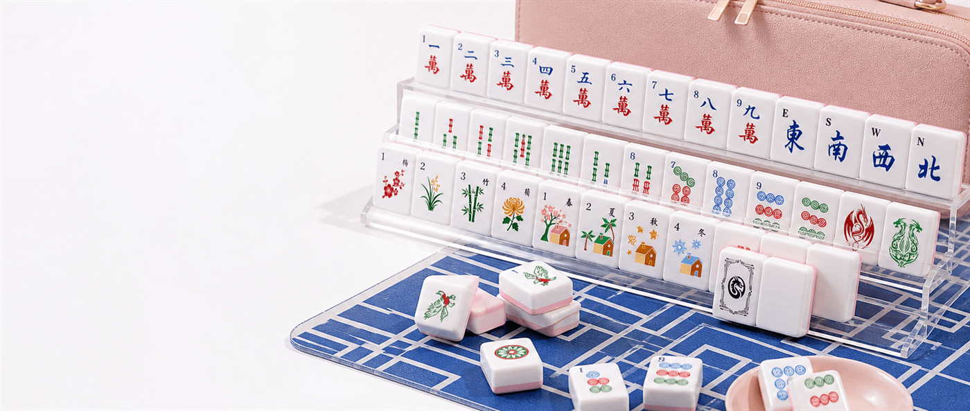 Pink Mahjong set styled with an indigo mat, acrylic racks, and matching accessories